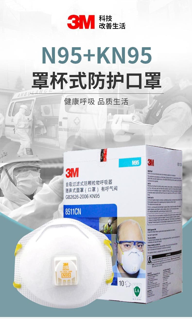 3M 8511CN 防颗粒物口罩 （头带式、适合湿热环境或长时间重体力劳动使用、美国NIOSH N95认证和中国KN95认证）